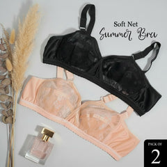 Pack of 2 Net Embroided Non-Padded & Non-Wired Full Net Transparent Cotton Bras