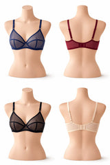 Pack of 4 Non-Padded and Non-Wired Full Net Transparent Cotton Bras - 4 Colors