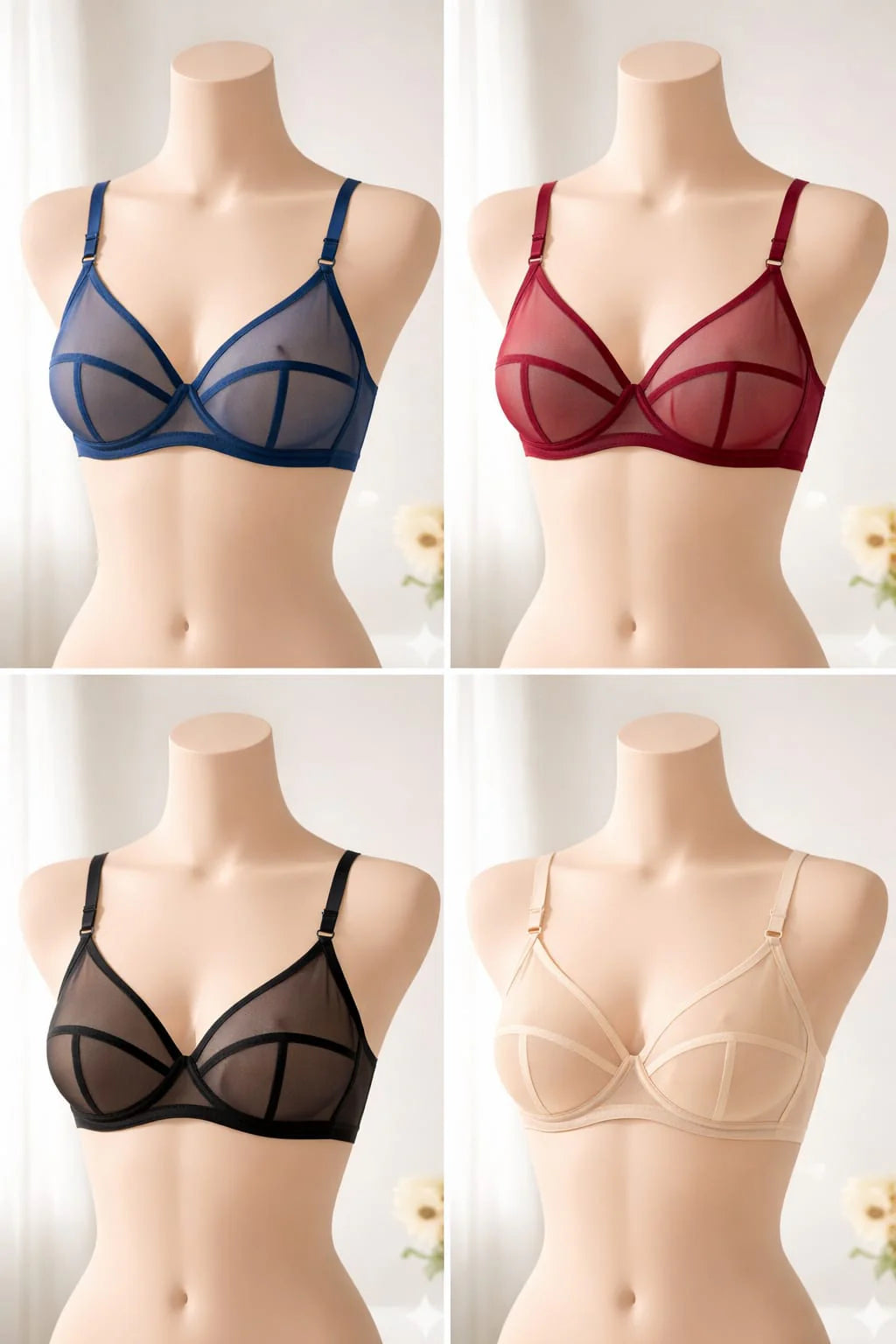 Pack of 4 Non-Padded and Non-Wired Full Net Transparent Cotton Bras - 4 Colors