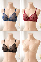 Pack of 4 Non-Padded and Non-Wired Full Net Transparent Cotton Bras - 4 Colors
