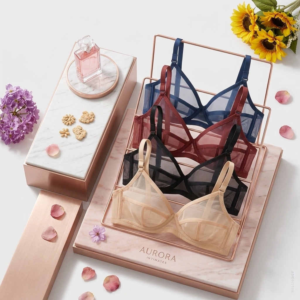 Pack of 4 Non-Padded and Non-Wired Full Net Transparent Cotton Bras - 4 Colors