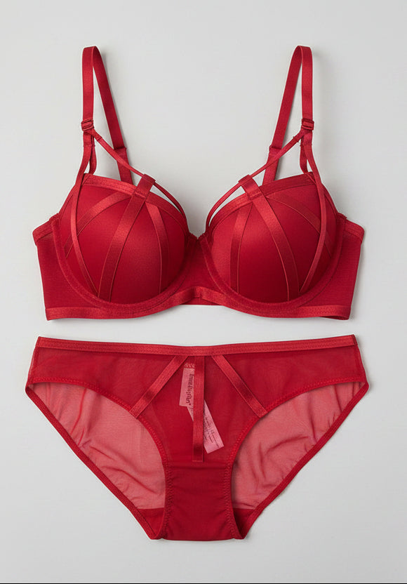 Stylish Front Cross Straps Padded Wired Bra & Panty Set
