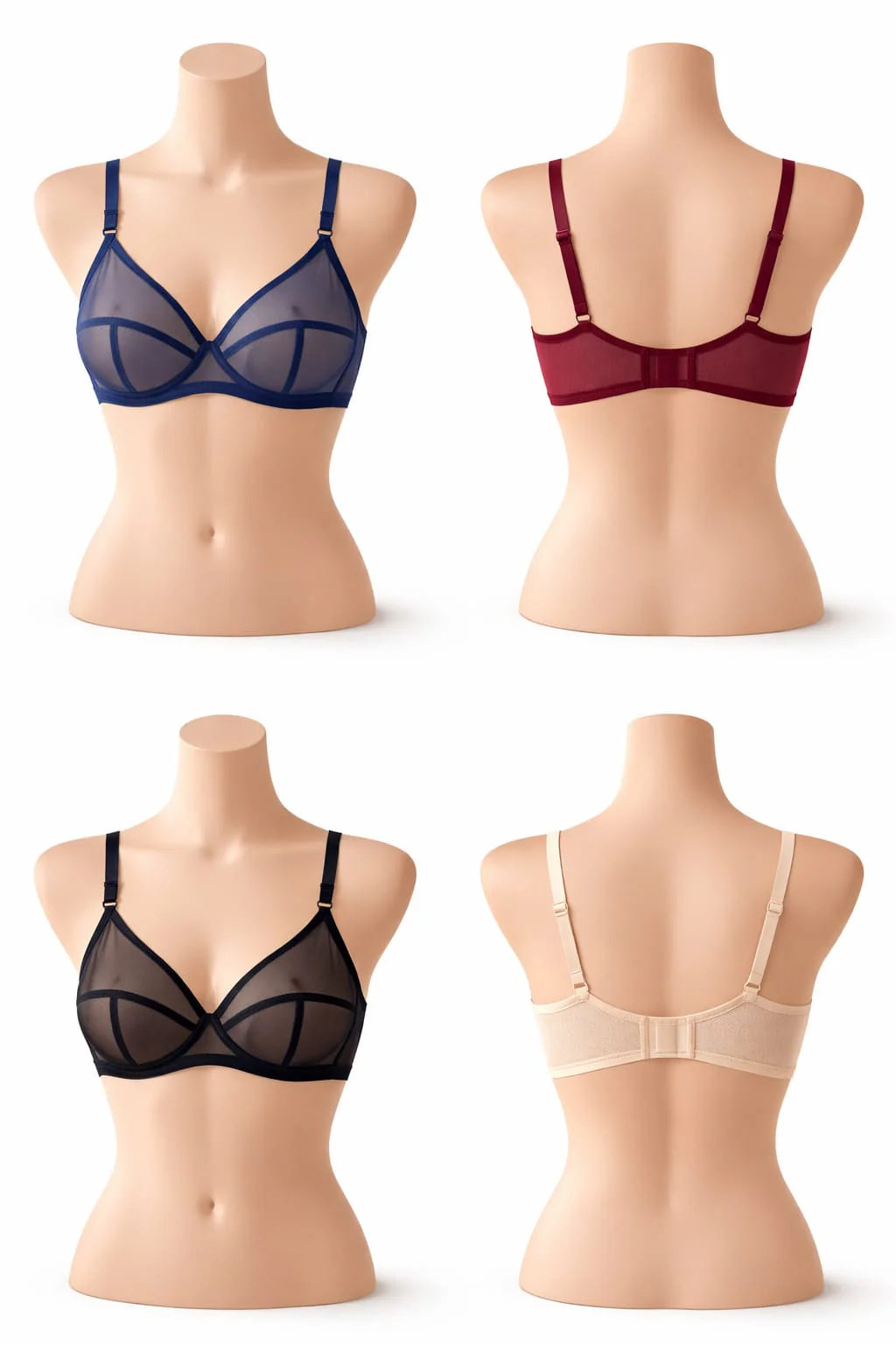 Pack of 4 Non-Padded and Non-Wired Full Net Transparent Cotton Bras - 4 Colors